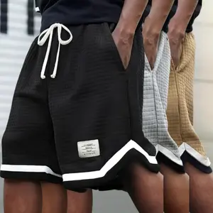 Large Size Men's Solid Color Waffle Textured Shorts Sweatpants with Elastic Drawstring and Letter Pattern Embroidery with diagonal pockets for summer wear