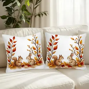 Autumn Squirrel & Rabbit Leaves Pillow Cover, Decorative Throw Pillows for Home Decoration, Fall-Themed Bedroom Accessories