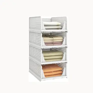 Stackable Plastic Storage Basket - Foldable Closet Organizer & Storage Bin Set - 4 Pack for Wardrobe, Kitchen, Bathroom & Office Use