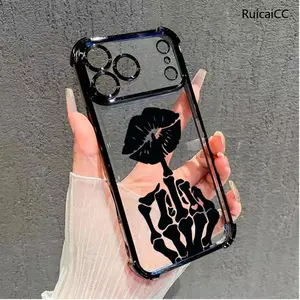 Skull Hand Lip Tattoo Pattern Phone Case for iPhone 17 Pro Max 16 15 Plus Air 14 13 12 11 Electroplated Cover with Airbag Shockproof Soft Silicone Casing Screen Protector