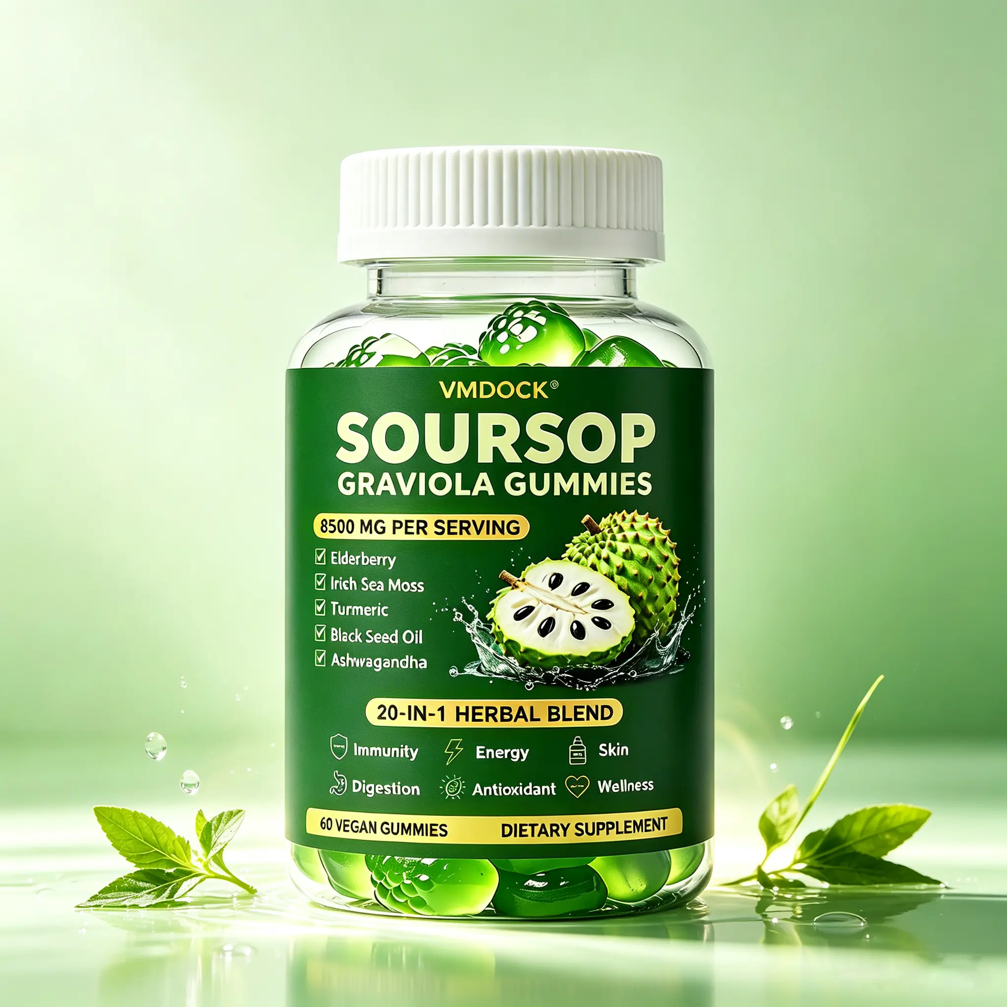 Soursop Graviola 20-in-1 Herbal Complex Gummies, Infused Sea Moss, Moringa, Turmeric, Black Seed Oil, Oregano & Ashwagandha, Natural Immune Support Antioxidant Supplement, Vegan Non-GMO 60 Vegan Gummies