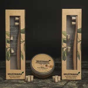 Mustawak Natural Wooden Toothbrush with 4 Miswak Bristle Heads & Herbal Powder – 3 Flavors (Mint, Clove, Peelu) | Eco-Friendly & Traditional Oral Care