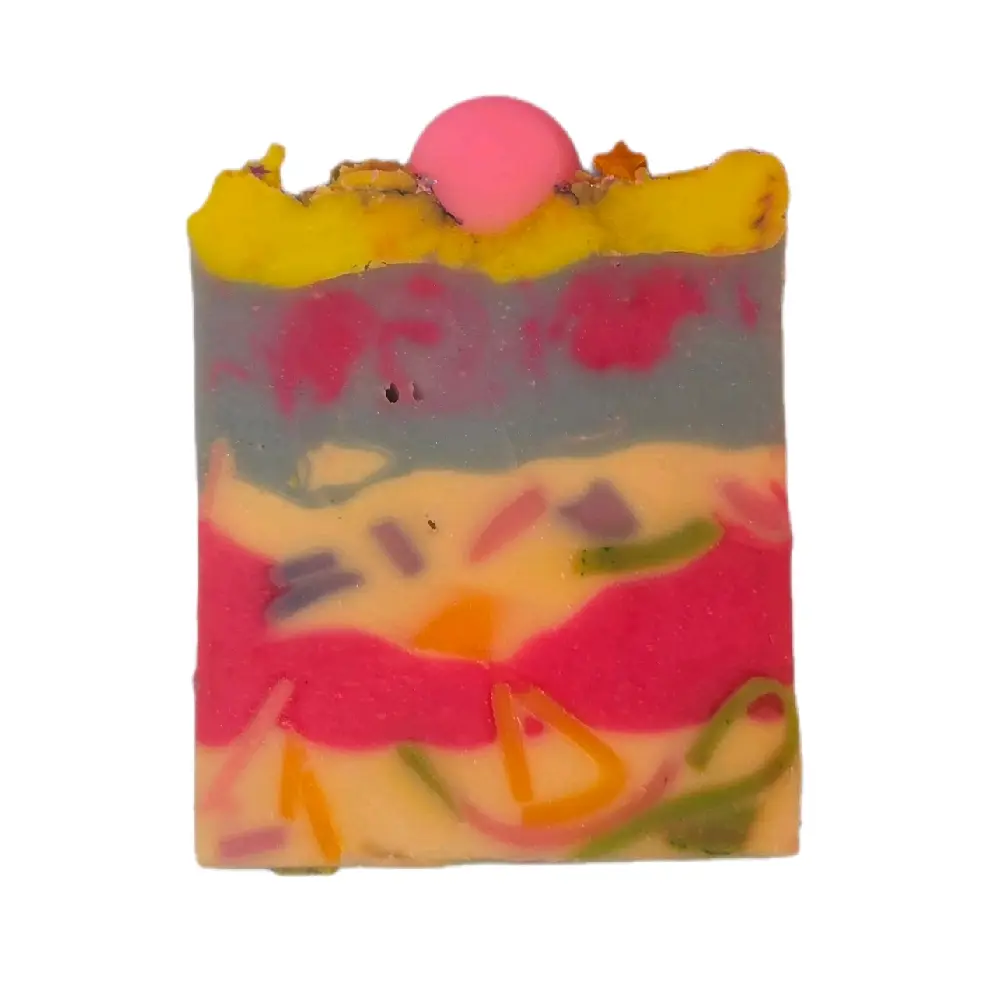 Handmade Confetti Birthday Cake Swirl Soap Bar - Cold Process Body Care Cleanser with Shea Butter, Frosting, Gentle Organic Strawberry, Cherry & Peach Sweetheart Shake Scent, 5.5-6 oz, All Natural Ingredients, Skin Cleansing, Vanilla, Hydrating, Moisturiz