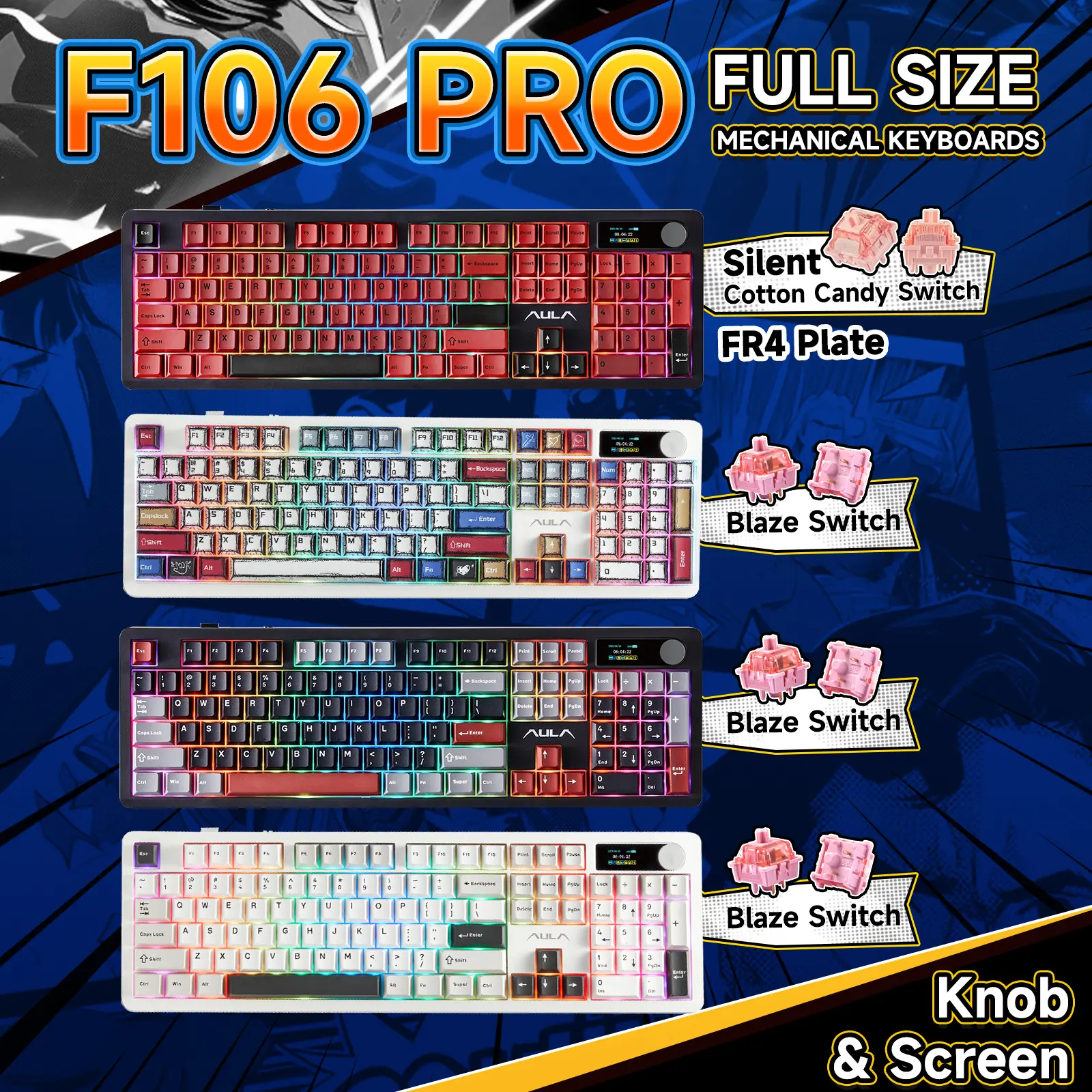[Restock]AULA F106Pro Wireless Mechanical Keyboard Creamy Gaming Keyboards with Knob&Screen 104 Keys Full Size,Hot Swappable Custom,RGB Backlit,Pre-lubed Switches,PBT Keycaps,8000mAh,Tri-Mode Connect