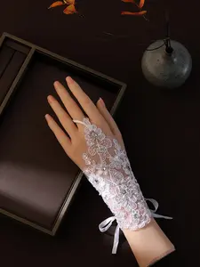 Bride Wedding Dress Gloves Lace Embroidery Rhinestone Short Fingerless Vintage French Style Bridal Photography Props