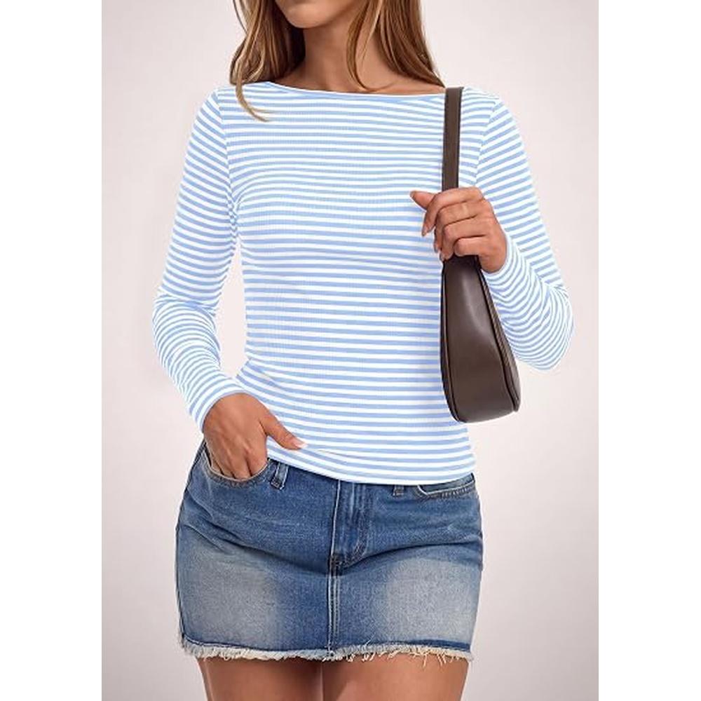PRETTYGARDEN Long Sleeve Striped Shirts for Women | Soft Ribbed Knit ,Y2k Tshirt,Slim Fit Layering,Cute Tops,Basic Tee,Business Casual Outfits, Spring Fall Trendy Clothes#SohoChic