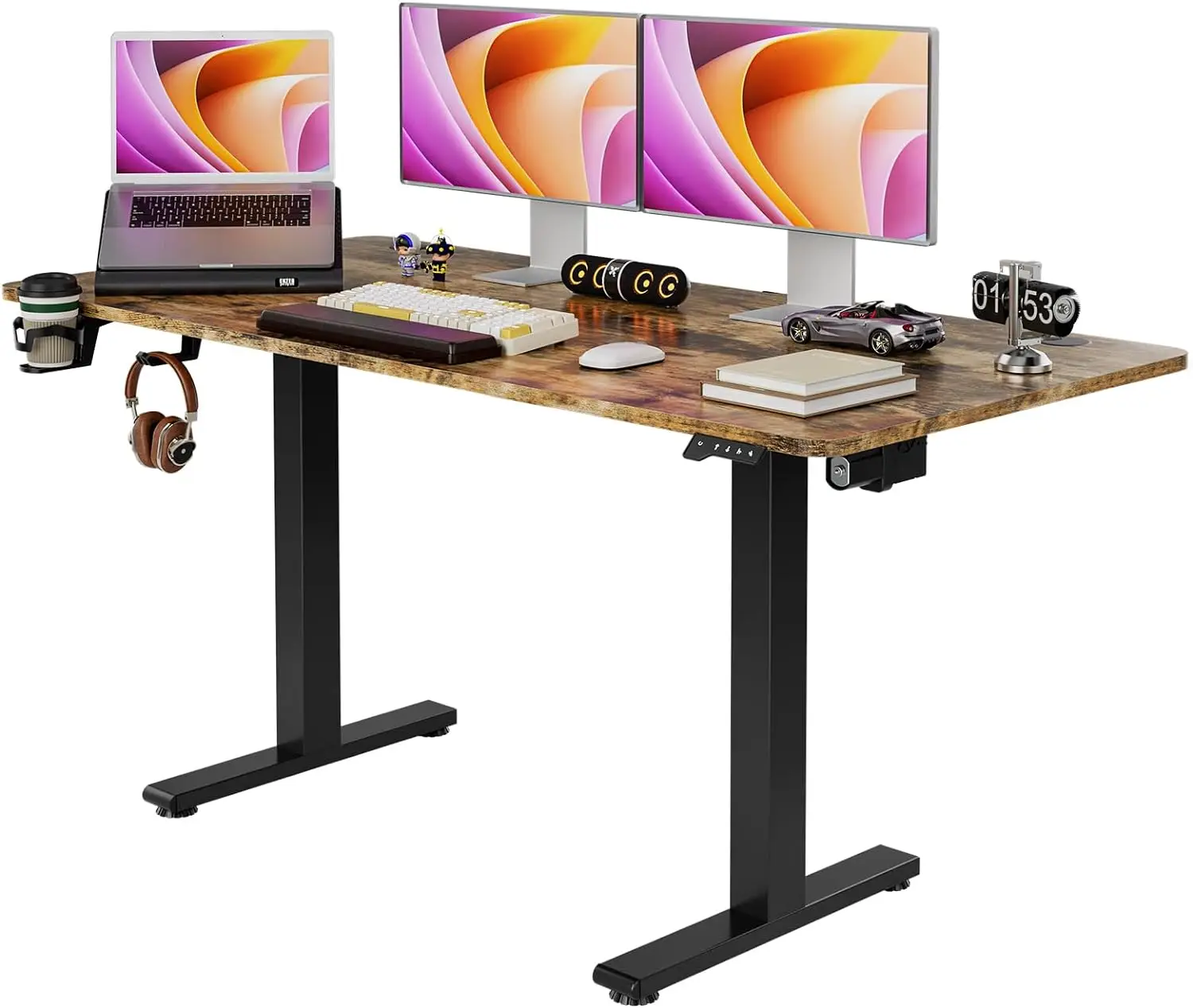 48 x 24 Inches - Height Adjustable Desk, Stand up Desk, Sit Stand Home Office Desk with Splice Board, Black Frame/Rustic Brown Top grey stable elect
