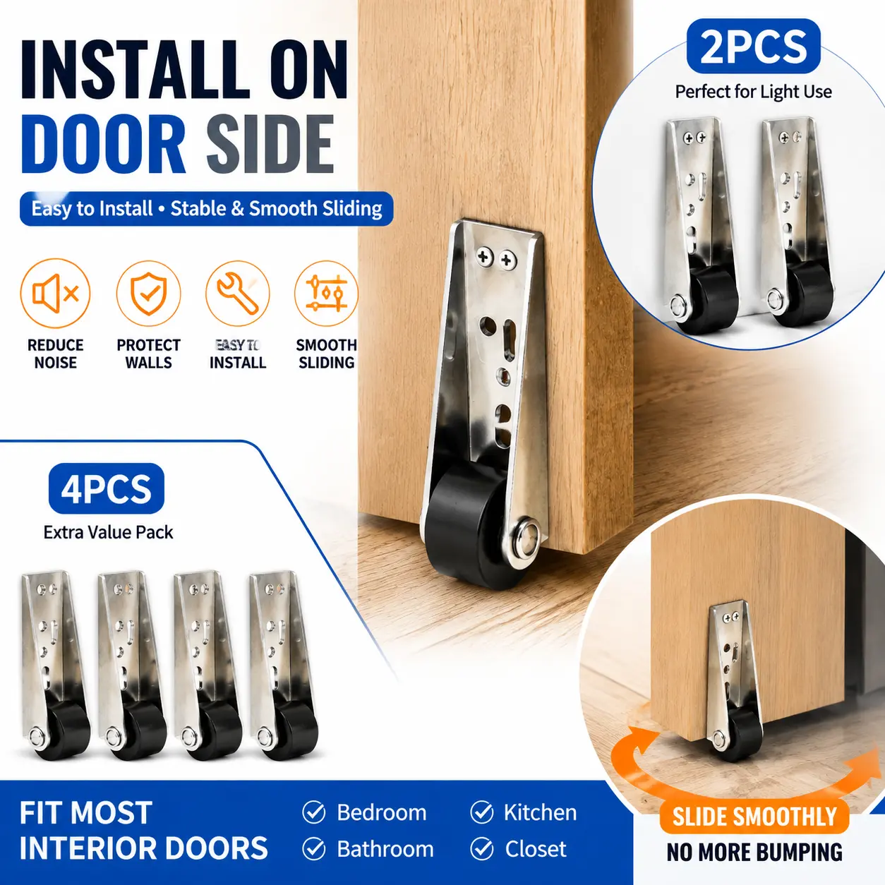 2/4 Pack Sliding Door Bottom Support Roller Replacement, Side Mount Nylon Guide Wheel Hardware, Quiet Smooth Sliding Roller for Closet Doors, Barn Doors & Sliding Wood Doors, Anti-Sag Door Hardware