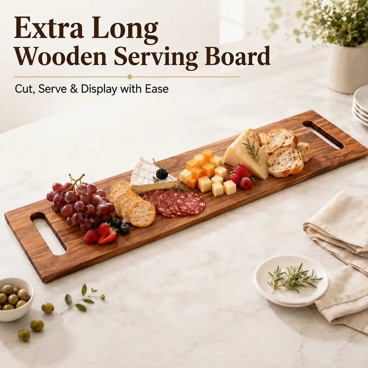 36 inches × 11 inches extended wooden serving platter with handle, rectangular dish for prepared foods, suitable for parties, Easter gifts, camping, and wedding receptions; multifunctional platter that holds bread, meat, and fruit; rectangular cutting boa