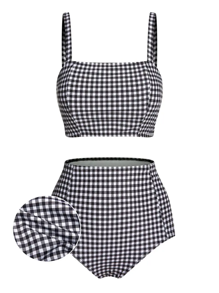 RETROSTAGE Vintage High-Waist 1940s Plaid Suspenders 2-Piece Swimmable Bikini Set - White & Black Tropical Print Swimwear, Vintage Swimsuit, High Waist Swimsuitsummer outfits beach essentials vacation outfits