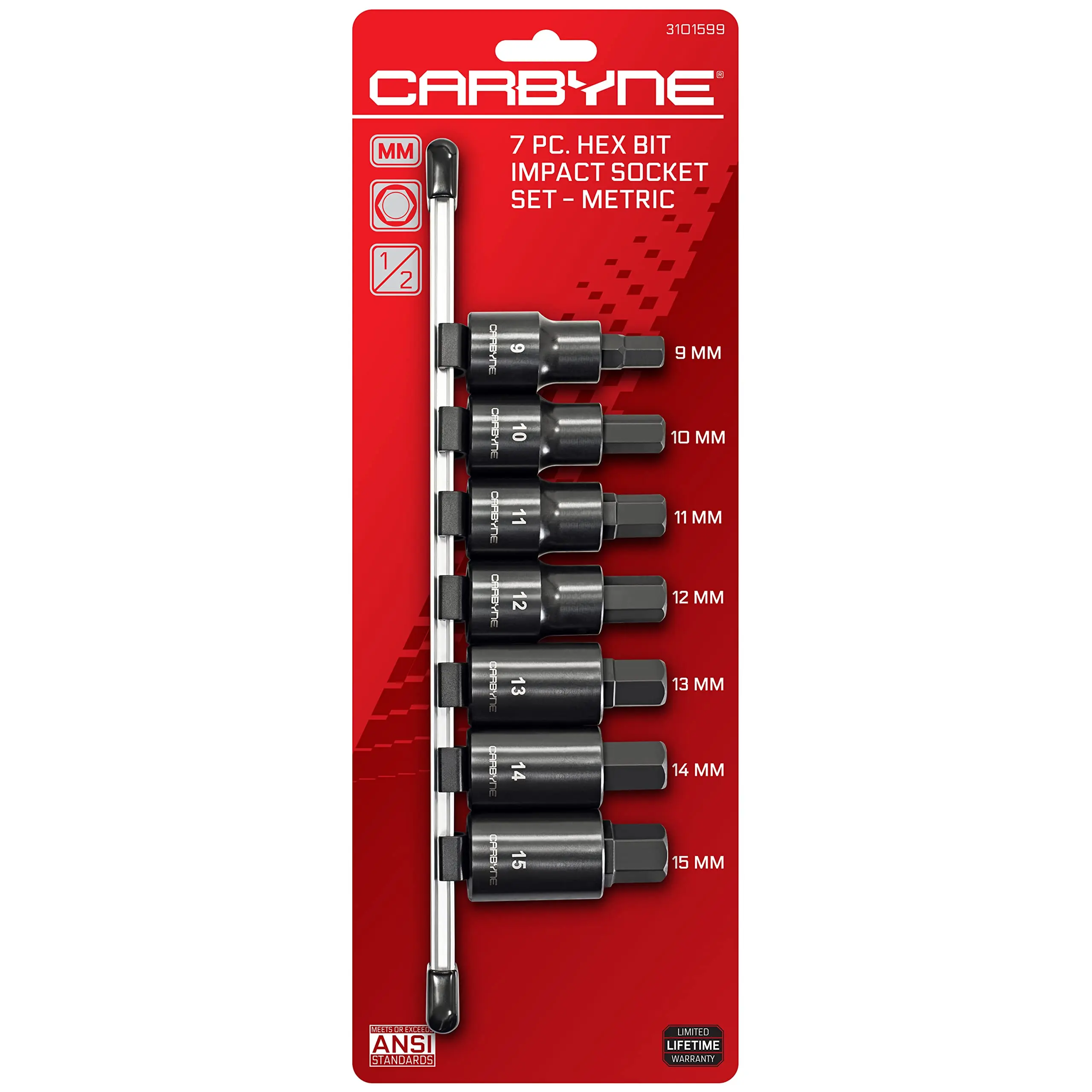 CARBYNE 7 Piece Metric Hex (Allen) Bit Impact Socket Set, S2 Steel Bits | 1/2" Drive, 9mm to 15mm Hex • From a Family-Run Tool Company Based in the U.S.A.