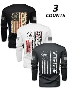 Men's Round Neck Long Sleeve T-Shirt Set, Flag Pattern Print, Comfortable Durable Breathable Soft Fabric, Gym Sports Daily Wear, Athletic Training Apparel