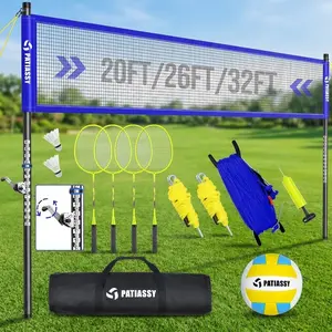 Outdoor Volleyball Net System for Backyard Adjustable Height 5.1–8FT & Width 20–32FT Anti-Sag Tension 2-in-1 Badminton Combo Set with Carry Bag Rackets & Shuttlecocks