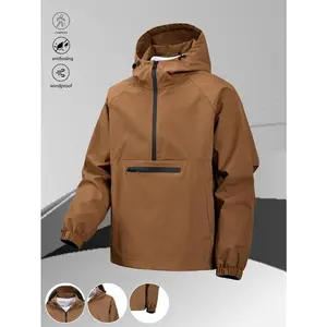 One black half-zip pullover with a hoodie, outdoor camping style, featuring large pockets and made from stain-resistant fabric. Suitable for outdoor activities such as hiking and mountaineering, it’s also perfect for everyday wear. Gift.