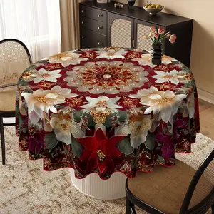 EastJia 1pc Round Spring Decoration Tablecloth - 2D Flat Print, Poinsettia & Mandala-Like Floral Pattern Design, Durable, Easy to Clean, Perfect for Party Dining & Home Decor, Machine-Made, Ideal for Celebrations