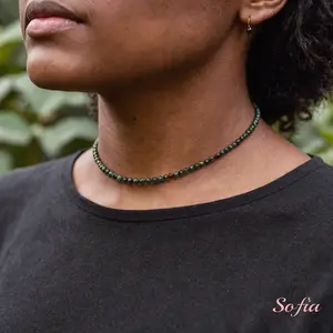 Tiny Gemstone Beaded Choker Necklace, Dainty Faceted African Bloodstone Gemstone Beaded Necklace, Waterproof Crystal Beaded Choker, Dainty Minimalist Style for Women Handmade Adjustable, gift for her