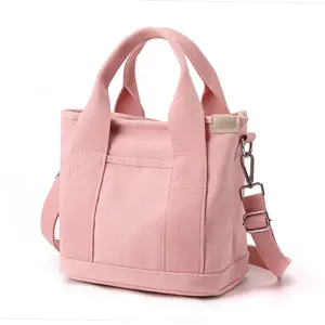 Pink Canvas Mini Tote Lunch Bag for Women, Cute Lightweight Handheld Crossbody Bag with Zipper & Pockets, Ideal for Everyday Work, Shopping, and Short Trips Women's Adjustable Crossbody Bag
