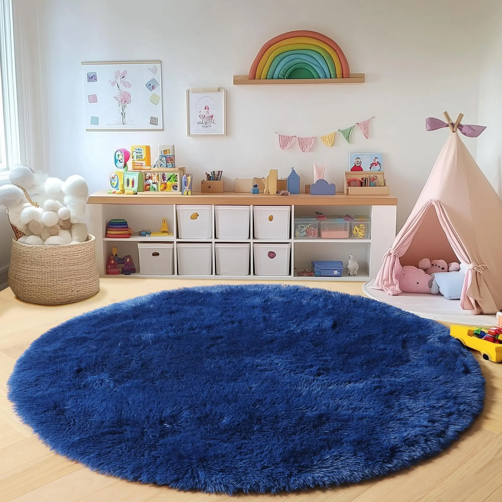 JAKOLIVE Sandy Blue Round Fluffy Rug for Woman Bedroom Shaggy Circle Area Rugs for Room Living Room Cute Fuzzy Carpet for Dorm Playroom Rug Upgrade Non-Slip Soft Plush Carpets for Sister’s Birthday Party Home Room Decor Aesthetic