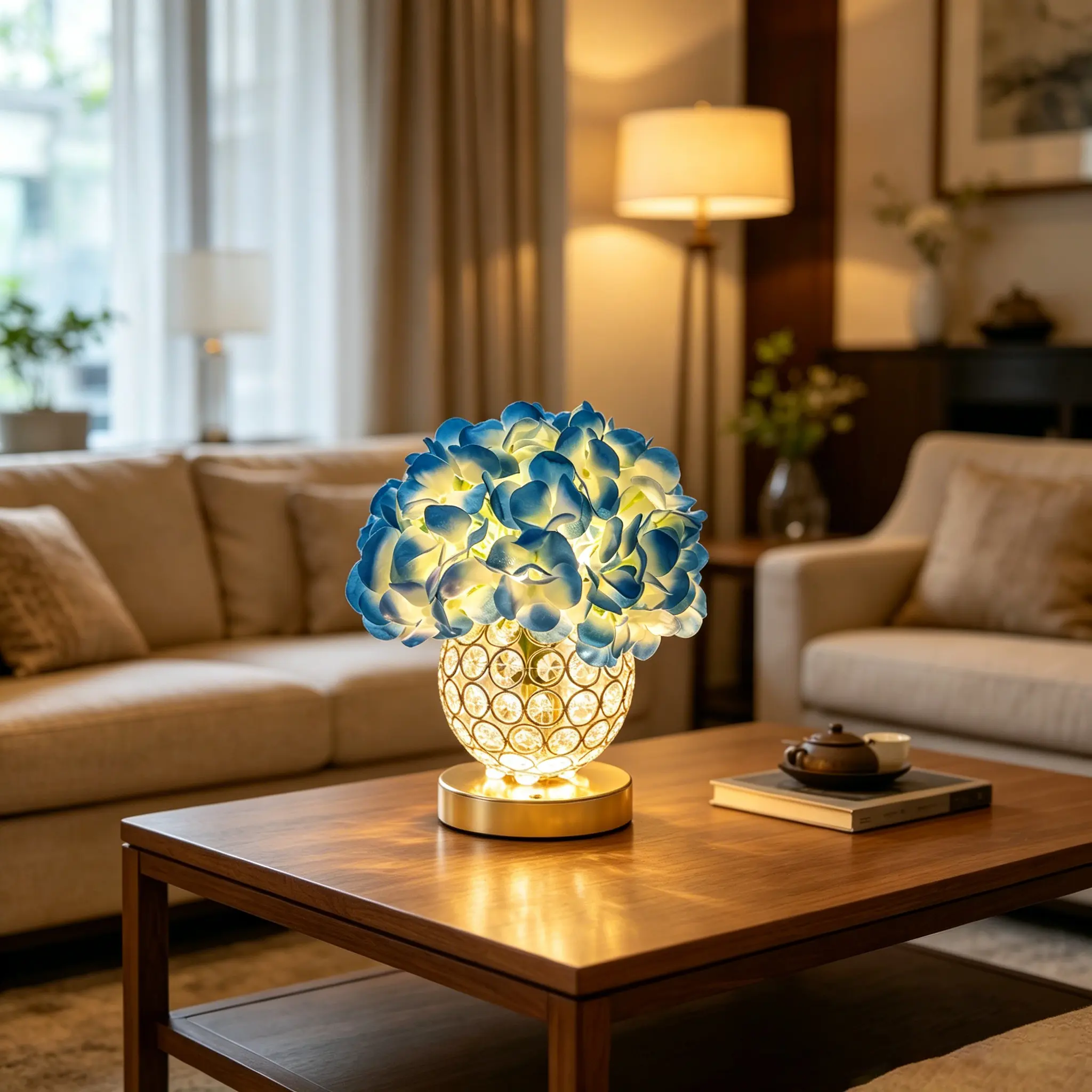 3-Color Faux Hydrangea Flower Lamp Night Light with Gold Crystal Vase - Colored LED, Crystal Accents, Glowing Color Changing, Hydrangea Bouquet Decorative Lights for Bedroom, Living Room, Festive Gifts for Women, Colored Led Decorative Lights