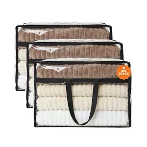 Clear Storage Bags 3 Pack, 40L Heavy Duty Vinyl Foldable Under Bed Containers with Zippers, Closet Organizers for Comforter Blanket Bedding Duvet Toy, Black Trim