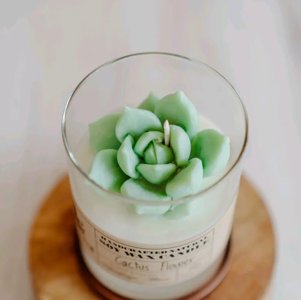 Fire Doll Studio Cactus Flower Scented Handcrafted Natural Soy Wax Candle in Glass Jar with Copper Lid