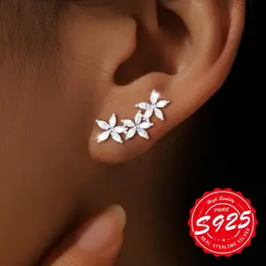 Three silver flower earrings, S925 sterling silver earrings, ladies' shiny five petal flower earrings, suitable for daily wear and parties, Mother's Day and Valentine's Day gifts, suitable for daily wear and parties