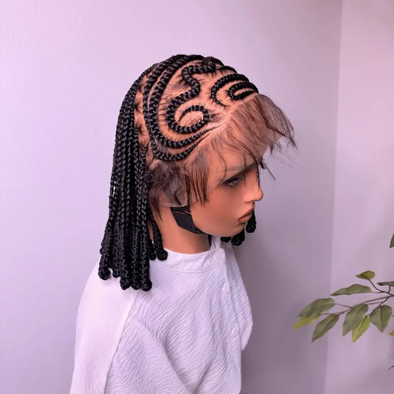 EverythingWigsBe S curve Braided Short Wig – 8–10 Inch synthetic Full Lace Wig with Curved Cornrow Design, Medium Cap Size (21–22 Inches), Adjustable Band & 2Combs