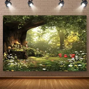 1PC,2D Flat Fantasy Forest Theme Door Banner, Fairy - tale Mushroom & Flower Curtain, Festival Party Decoration Tapestry, Home Bedroom & Living Room Wall Decor, Photo Backdrop, Create a Dreamy