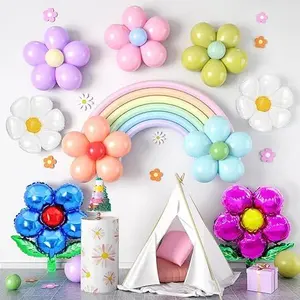 Daisy Flower Balloons,Colorful Flower Shaped Balloons Bean Paste Blue Rainbow Long Balloons Purple Flower Foil Balloons Birthday Decorations