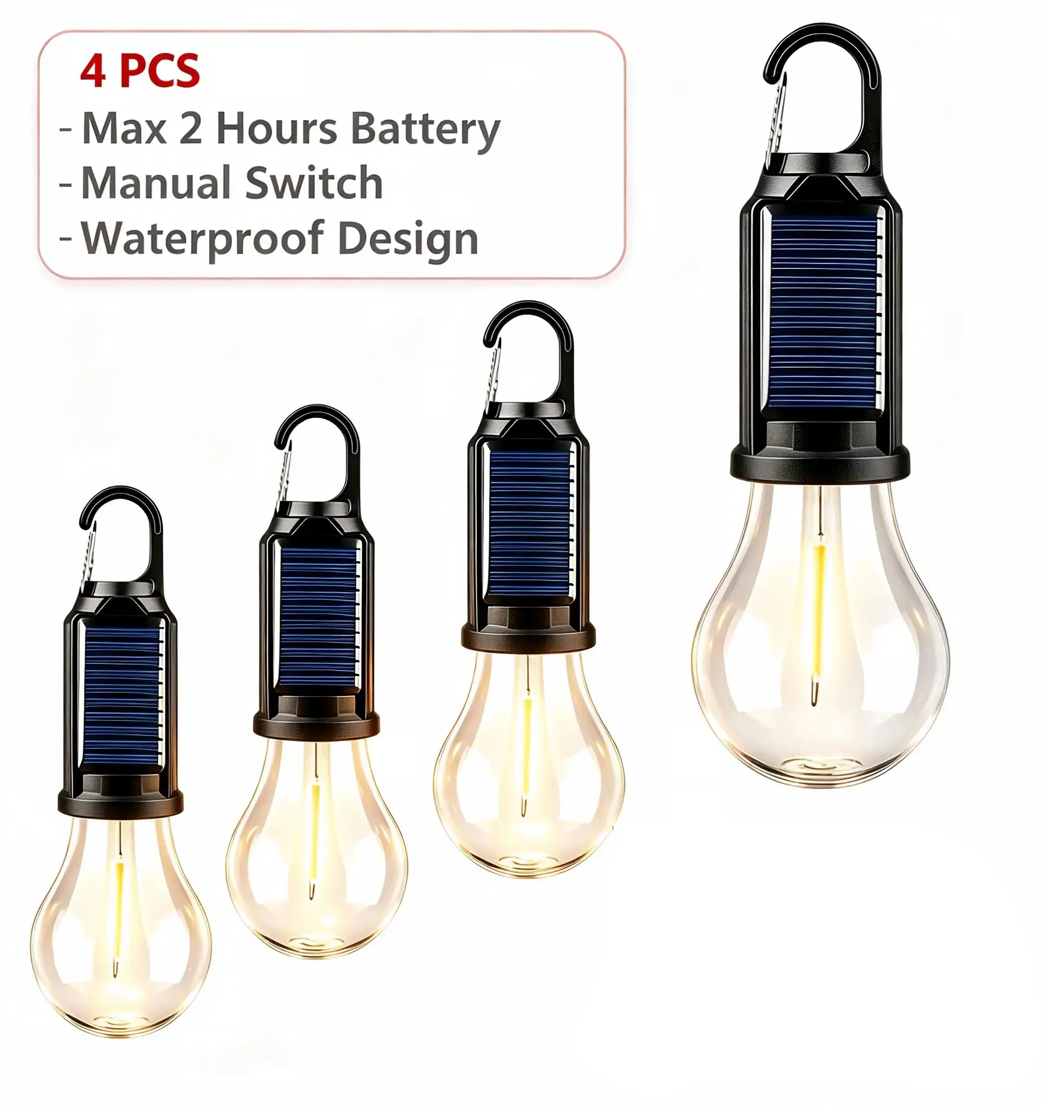 4PCS Rechargeable Solar LED Light Bulbs, Waterproof Portable Camping Lights with Clip Hook, Outdoor Hanging Tent Lights for Hiking, Emergency, Patio & Power Outage