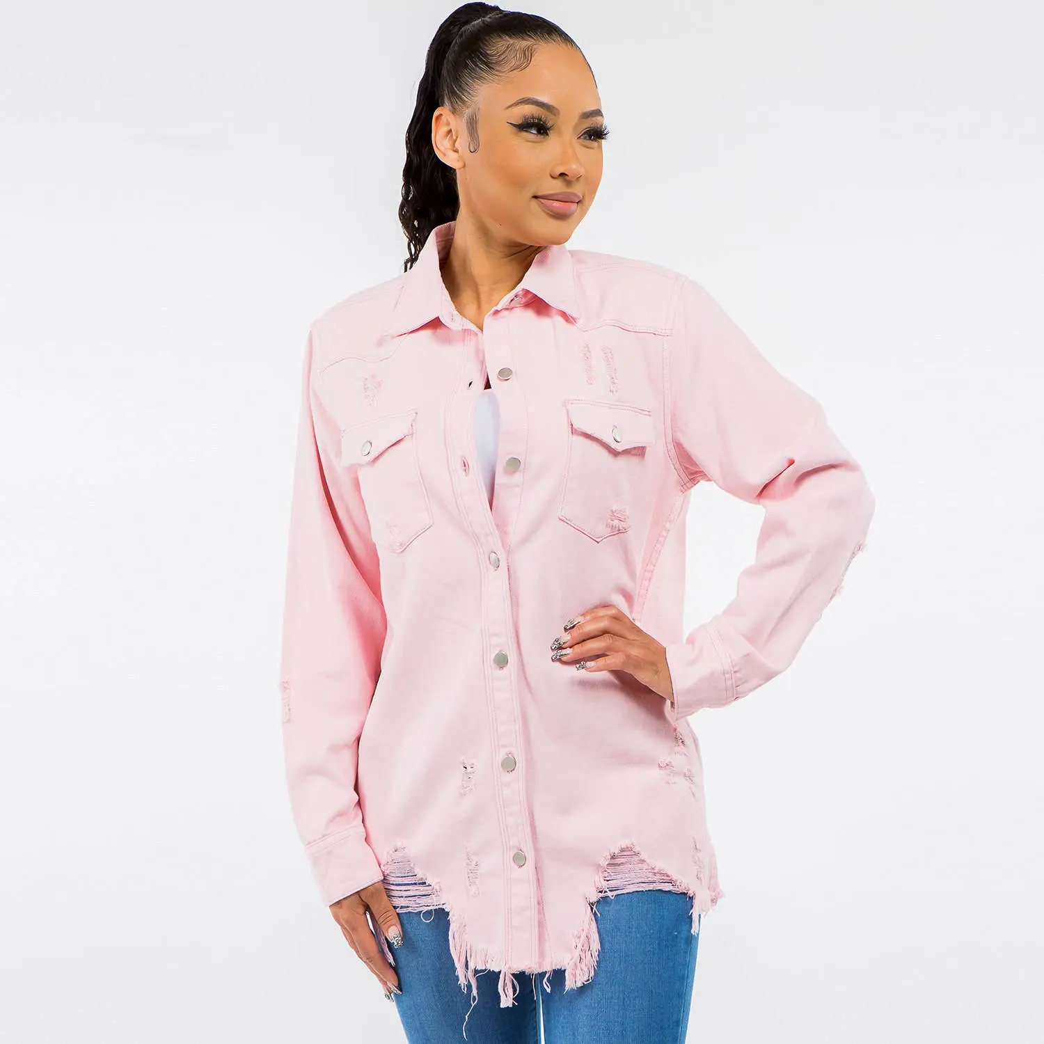 PLUS Size Distressed Pink Denim Shacket - Stylish Button Front Closure Jacket with Natural Cut Hem, Ideal for Casual Wear