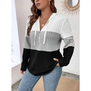 Plus Size Colorblock Drawstring Half Zip-Up Hoodie, Casual Long-Sleeve Hooded Sweatshirt for Spring and Autumn, Women’s Clothing for Everyday Wear