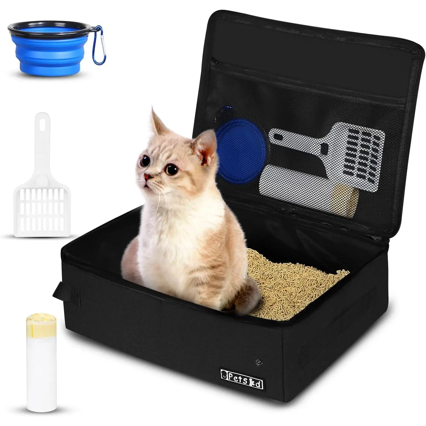 Portable  Travel Litter Box with Lid and 10 count Disposable Liner Bags, Leak-Proof and Collapsible,  Travel Essentials for , Hotel, Airplane and Other Outdoor Use(Black)