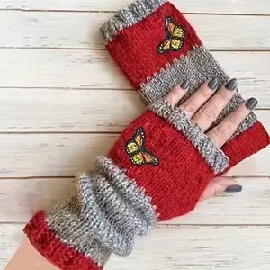Women's Butterfly Embroidered Knit Gloves, Colorblock Fingerless Thickened Windproof Gloves, Fashionable Winter Accessories