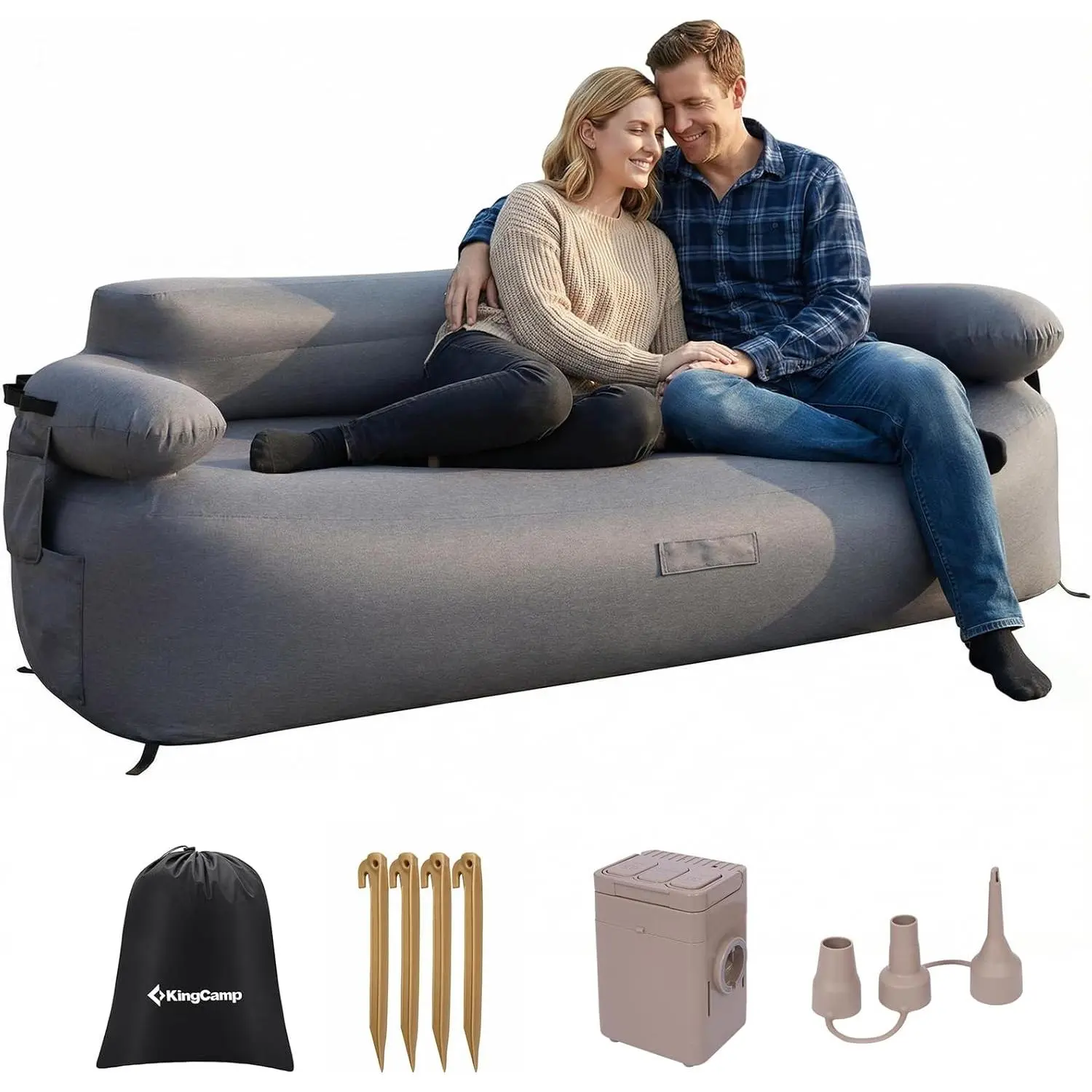 KingCamp Sturdy 2-Person Inflatable Sofa - Double Seat Backrest Living Room Furniture, Built-in Electric Pump Living Room Furniture, 880LB Heavy Duty, 600D Cationic Dual-Layer Padded Backrest, for Camp, Backyard