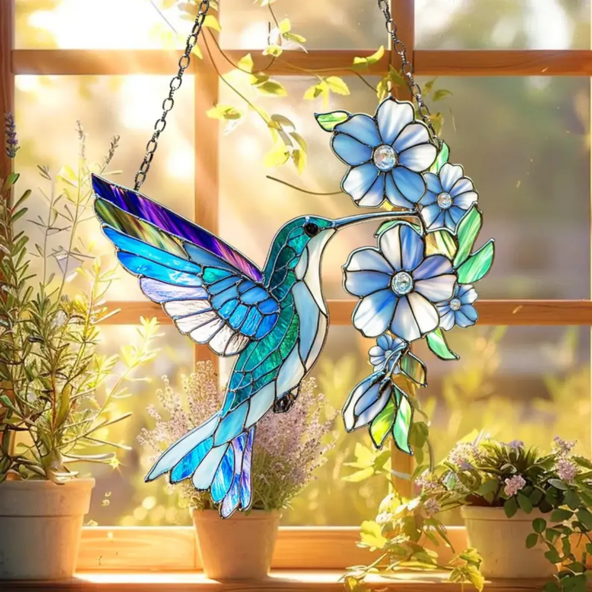 Acrylic Hummingbird Suncatcher Ornament - Blue Stained Glass-Style Bird with Flowers, Lucite Light Decoration for Living Room Window, Hangable Home Decor Gift for Nature Lovers