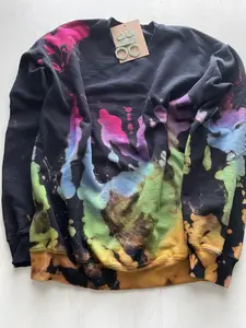 Reverse Tie Dye Sweatshirt, Black Rainbow Pullover, Bleached Sweater, Casual Comfortable Fashion, True to Size Fit, Tie Dye Style, Comfort and Stylish, Adult/Women's Unisex, Cozy Fashion, Black TieDye Rainbow Shirt, Handmade in Studio, Gift for Friend