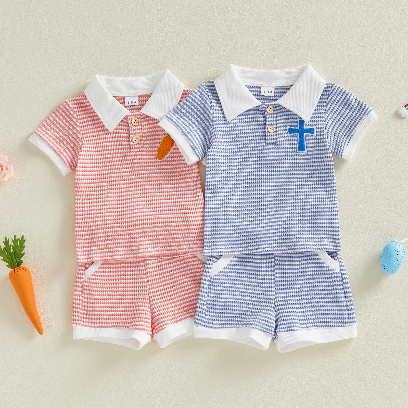 Babamoon Toddler Baby Boys Easter Outfit Waffle Striped Short Sleeve Carrot Jesus Cross Embroidery Tops with Shorts 2Pcs Clothing Set