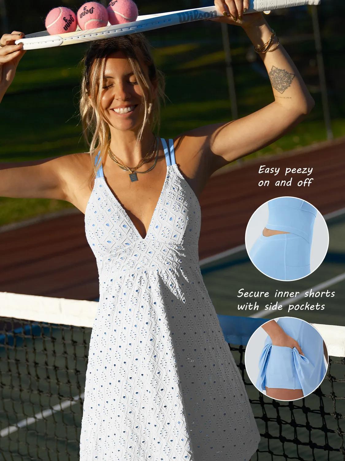 POPVIL Women's Sleeveless Stretch Nylon Eyelet Athletic Dress - Built-in Shorts, Pockets, Criss Cross Back, Fitted Cut - Tennis Attire for Tennis, Golf, Workout