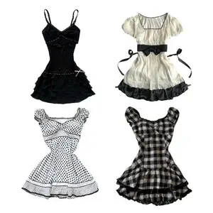 Vintage Stripped Lace Pleated Strap Dress Women Y2k American Short Dresses Fashion Chic Short Sleeve Streetwear Clothing