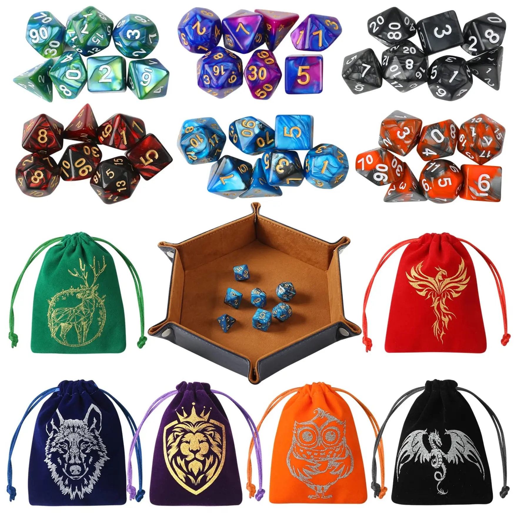 42-Pack DND Polyhedral Dice Gift Set, with 6 Colorful Animal Pattern Dice Bags, PU Leather Velvet Tray, Visual Effects Game Accessories for Dungeons Dragons D&D RPG MTG Table Games