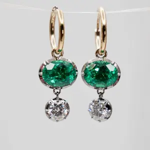 5 Ct Oval Emerald and Round Moissanite Georgian Victorian Blackened 14K or 18K Gold Hoop Earrings