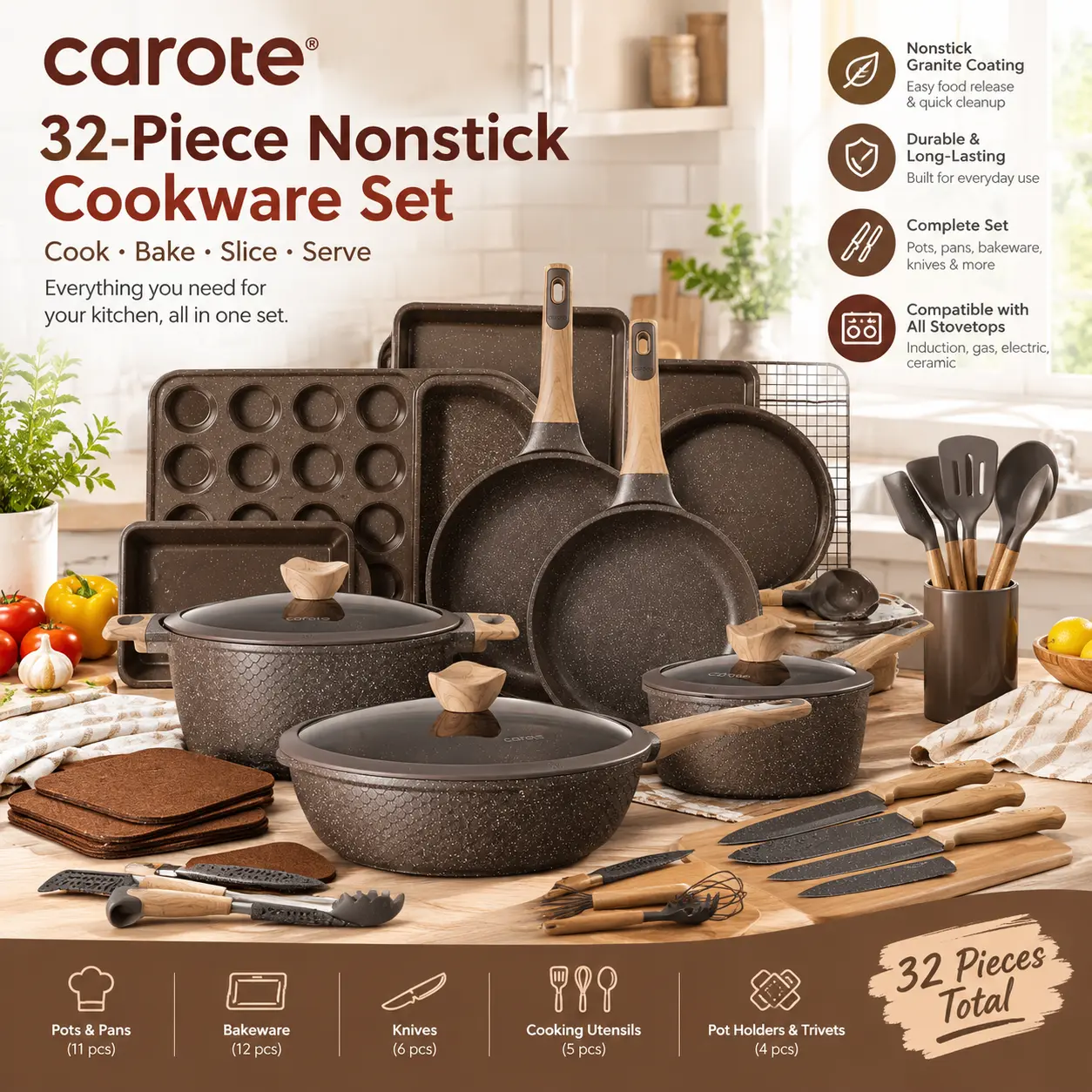 CAROTE 32-Piece Nonstick Pots and Pans, Granite Cookware Set with Bakeware & Knives, Brown CAROTE 32-Piece Nonstick Pots and Pans, Granite Cookware Set with Bakeware & Knives, Brown