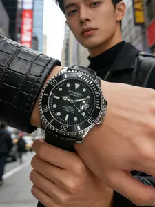 Green Water Ghost Submariner Series Advanced Men's Automatic Mechanical Watch Waterproof Black Leather Strap Luminous Date Display Hollow Design Inspiration Watch Fashion Business Watch Men's