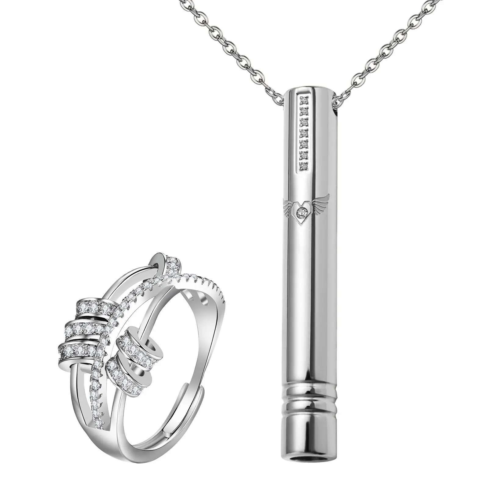 OIDEA Mindful Breathing Necklace and Anxiety Spinner Ring Set with Silent Whistle Pendant, Heart Wings and Cubic Zirconia in Silver