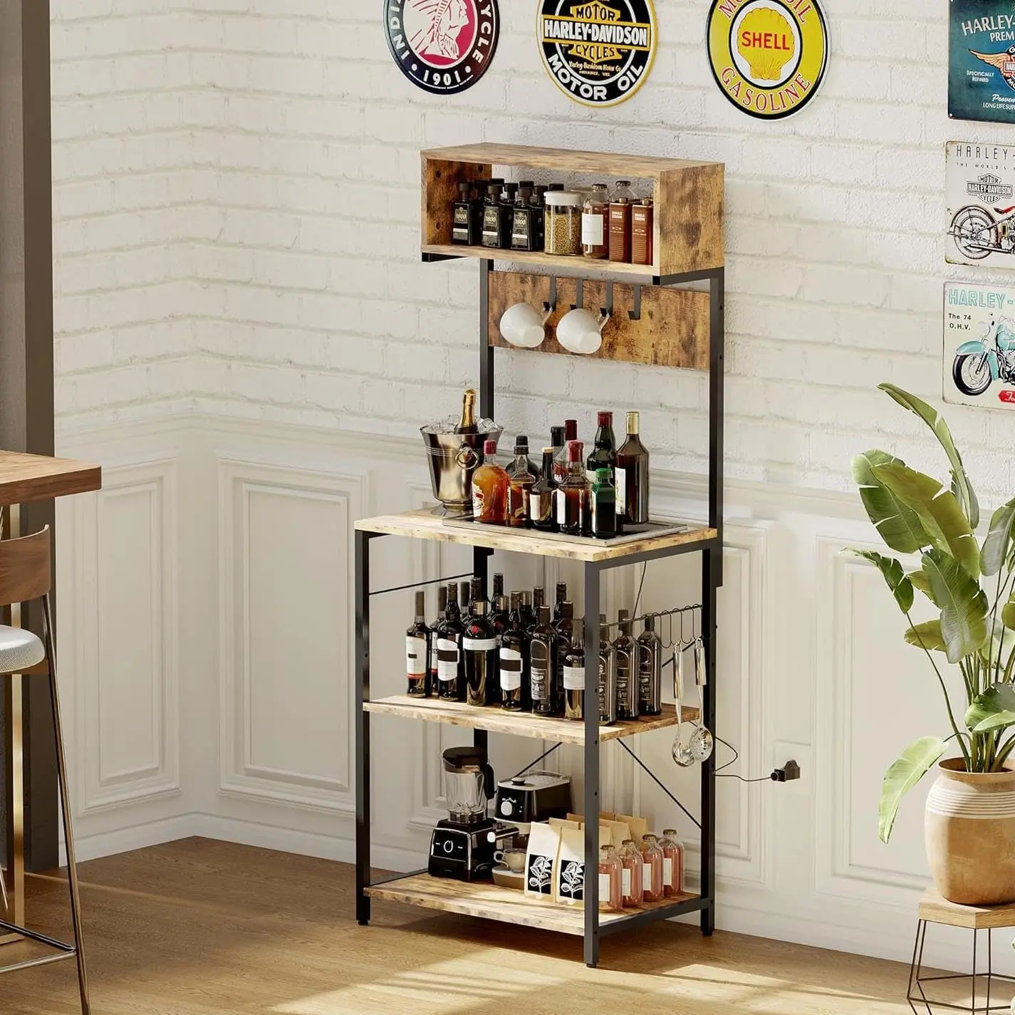 Industrial 4-Tier Metal Baker's Rack with Power Outlet, Wooden Shelves, Microwave Stand, Coffee Bar Table, 10 Hooks for Spices/Pots/Pans, Indoor Balcony Furniture with Easy Assembly Required, Stable