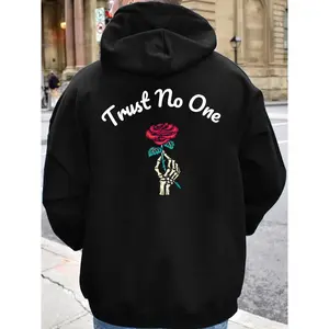 Trust No One Hoodie for Men Women Streetwear Graphic Hooded Sweatshirt Skeleton Rose Design Pullover Casual Long Sleeve Hoodie Aesthetic Urban Fashion Winter Fall Gift