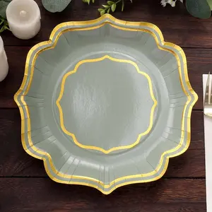 25-Pack Paper Dinner Plates 10" Sage Green with Gold Scallop Rim - 300GSM Disposable Party Plates