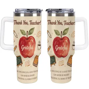 Teacher Appreciation Tumbler, Grateful Red Apple Design, Teacher Retirement Gift, Back to School Travel Mug, 40oz Cup with Handle, Gift for Best Teacher, Work of Heart Design, Kitchen Drinkware