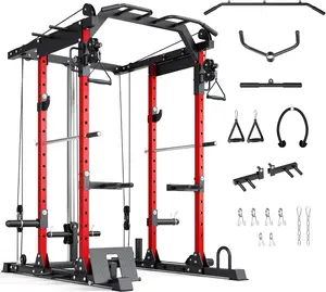 YOLEO Smooth Dual Pulley System Power Cage 1600LBS Adjustable Cable Crossover for Home Gym with Lat Pulldown Bar, Tricep Rope  Multi-Functional Squat Rack